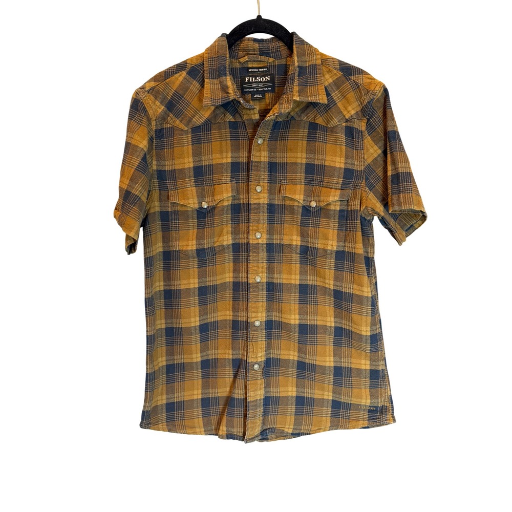Filson‎ Mens Western Trim Fit Plaid Short Sleeve Snap Button Shirt Yellow Blue S